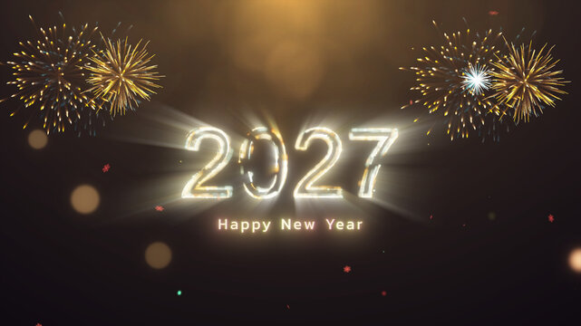 Glowing 2027 happy new year text with fireworks burst and gold bokeh light on dark background celebration concept