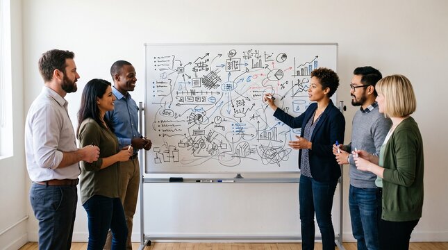 Brainstorming Session: A diverse group of colleagues gathers around a whiteboard, actively participating in a collaborative brainstorming session, with one person pointing to a complex diagram.
