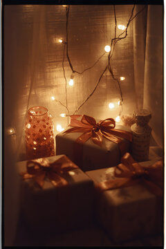 Wrapped gifts under soft string lights glowing gently evoking tender holiday mood with film look generative AI