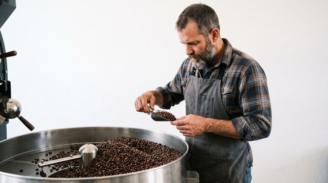 Artisan Roaster at Work: A skilled coffee roaster, with a discerning eye and a touch of expertise, meticulously examines freshly roasted beans from a large industrial roaster.