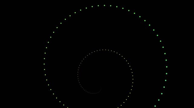 Abstract geometric animation showing Fibonacci spirals growing with green dots on black