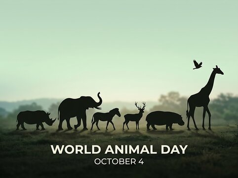 Silhouettes of wild animals in nature celebrating world animal day with text october four