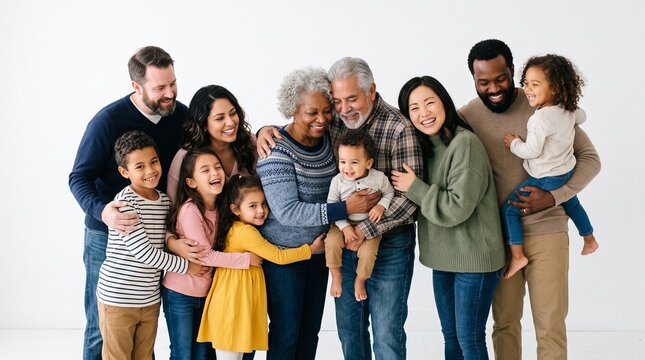 Multi-Generational Family Gathering: A joyful, diverse family comprising multiple generations shares a warm embrace, reflecting love, unity, and the beauty of togetherness in a bright.