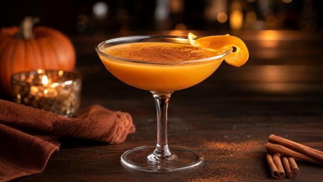 Cocktail with pumpkin puree eye level perspective with warm golden light and contemporary styling