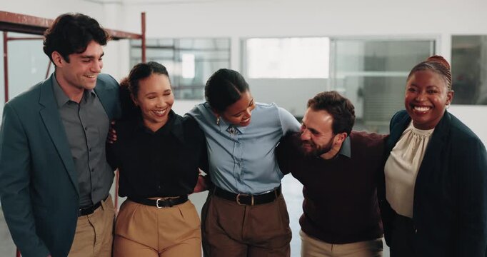 Face, business team and happy in office with property development group, laugh and diversity. Collaboration, portrait and professional people for real estate opportunity, inclusion and workforce