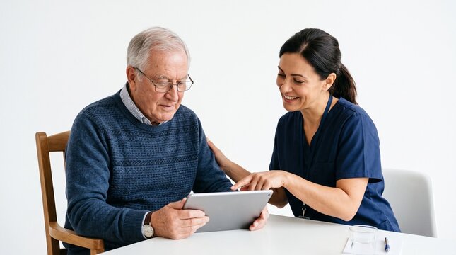 Caregiver Assistance: A friendly caregiver assists an elderly man with a tablet, demonstrating compassionate care and modern technology in a healthcare setting.