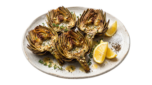 Roasted artichoke halves with garlic butter and herbs, gourmet grilled artichokes on white plate, mediterranean vegetable appetizer with lemon wedges