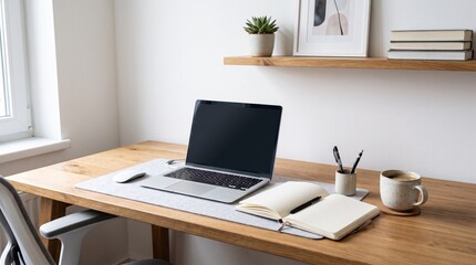 Fototapeta premium Minimalist Home Office: A neat and organized home office setup featuring a laptop, notebooks, pens, and a coffee mug on a wooden desk, suggesting productivity and focus.