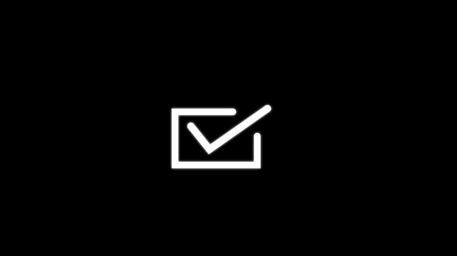 Simple white line check mark inside a square box isolated on a black background representing task completion or selection status indicator