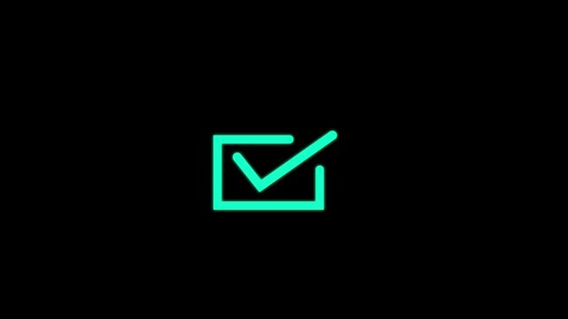 Simple cyan line check mark inside a square box isolated on a black background representing task completion or selection status indicator
