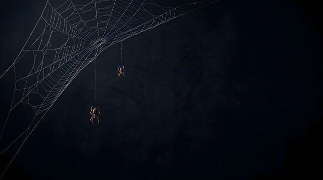 Spider weaving intricate web at night