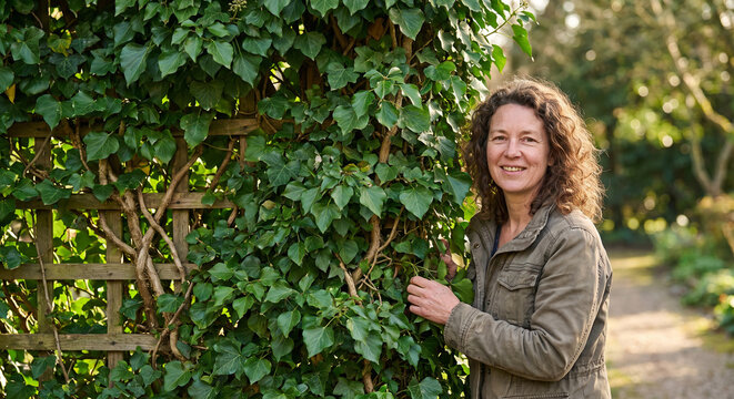 Climbing ivy overgrown trellis creating natural green wall garden aesthetic