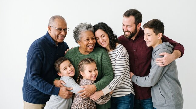 Intergenerational Embrace: A heartwarming portrait captures a multi-generational family united in love, with grandparents, parents, and children sharing a tender moment of connection and joy.