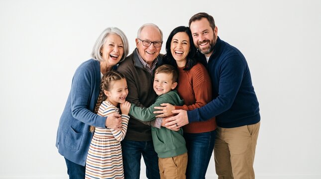 Generational Embrace: A joyful multi-generational family, including grandparents, parents, and young children, share a warm embrace, their smiles radiating love and connection.