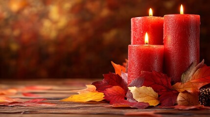Obraz premium Moody Autumn Theme With Glowing Red Candles And Fallen Deciduous Multicolor Vibrant Maple Leaves