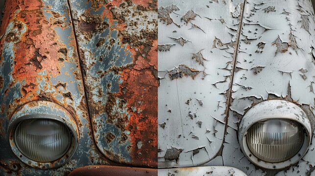 A clean split-screen comparison photo showing the before and after effects of fiber laser paint removal on a vintage automotive metal body panel. Generative AI.