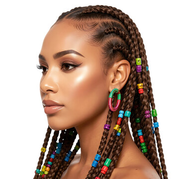 Braided hairstyle with colorful beads, beautiful Black woman with cornrows and braids, vibrant hair accessories on white background