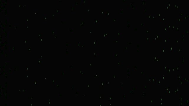 Abstract green pixel rain with digital glitch noise and vertical lines on black background