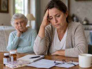 Überforderung pflegender Angehöriger: Erschöpfte Frau organisiert Medikamente und Unterlagen für ihre ältere Mutter und zeigt mentale Belastung, Verantwortung und fehlende Entlastung.
