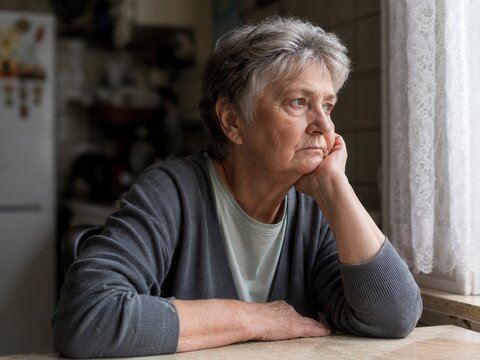 Einsamkeit im Alter: Nachdenkliche Seniorin sitzt allein am K&uuml;chenfenster und zeigt soziale Isolation, stille Traurigkeit und den Wunsch nach N&auml;he, Gespr&auml;ch und gesellschaftlicher Teilhabe.
