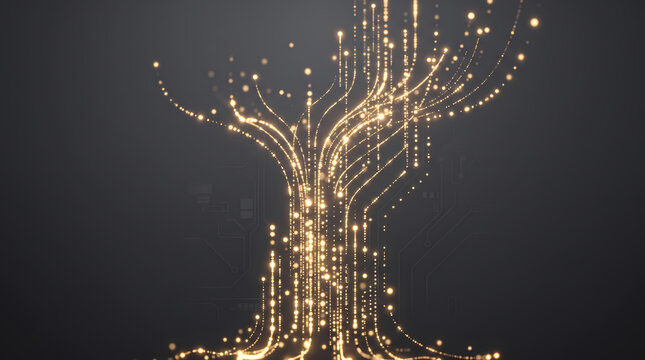 Abstract glowing golden cyber circuit tree on dark background