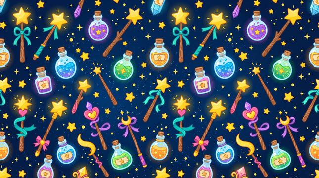Seamless pattern of cute magic wands glowing potions and stars on dark blue