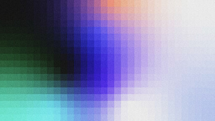 Obraz premium Abstract textured background with grainy noise effect and translucent grid layers. Smooth color gradient transitions from dark black‑green, teal, deep blue‑purple to peach and pale white.