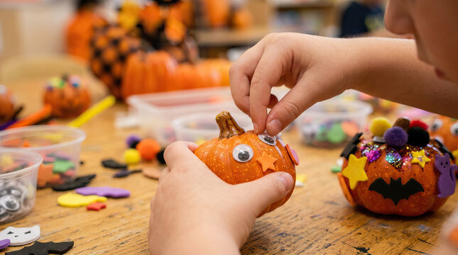 Children halloween pumpkin decorating craft classroom closeup hand autumn festive art activity with googly eye and foam shape small pumpkin wooden table, cheerful holiday workshop for kid