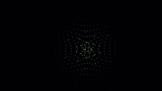 Abstract physics simulation of gravitational well distortion with glowing particles on black