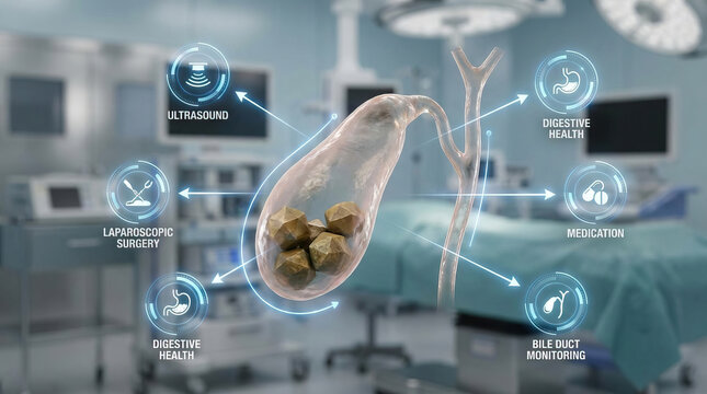 Gallbladder gallstone bile duct ultrasound laparoscopic surgery medication digestive health medical concept surgical concept gallbladder with gallstones operating room background, healthcare
