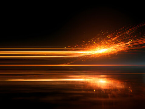 A golden horizontal light line reflects off a dark surface, with a bright orange streak bursting forth, leaving glowing trails