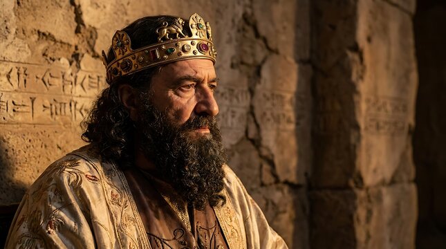 Middle aged king with long beard wearing a golden crown and royal clothing standing in a dark ancient stone castle