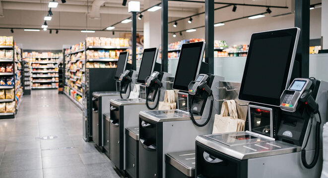 Row of unattended self checkout stations with touchscreens, scanners and payment terminals inside a brightly lit grocery store
