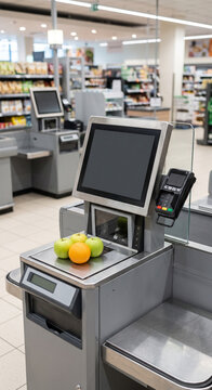 Vertical retail self checkout kiosk with touchscreen, card reader and fresh apples and citrus fruit placed on the scale inside a modern retail store