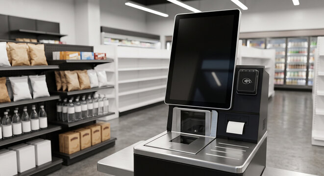 Modern self checkout terminal with tall dark touchscreen, contactless reader and barcode scanner in a sparsely stocked retail aisle
