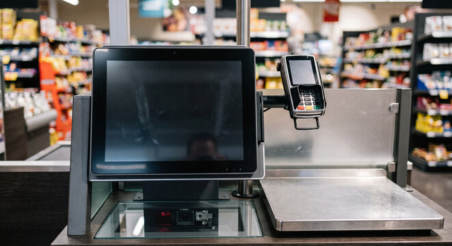 Front view of a self checkout touchscreen, barcode scanner and contactless card reader integrated into a stainless steel counter