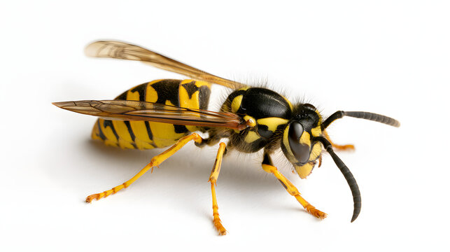 The common wasp, Vespula vulgaris, is isolated against a white background