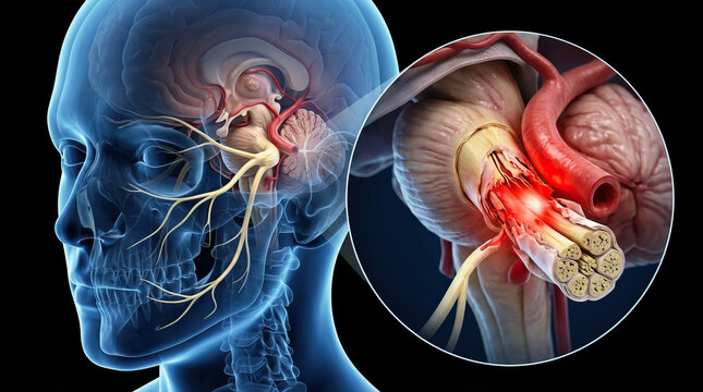 Trigeminal nerve anatomy, human head medical illustration, cranial nerve pain concept, facial nerve pathway near brainstem and skull, neurological healthcare education poster