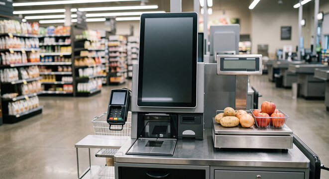 Self checkout station with produce scale holding potatoes, apples and other fresh groceries beside touchscreen and card reader