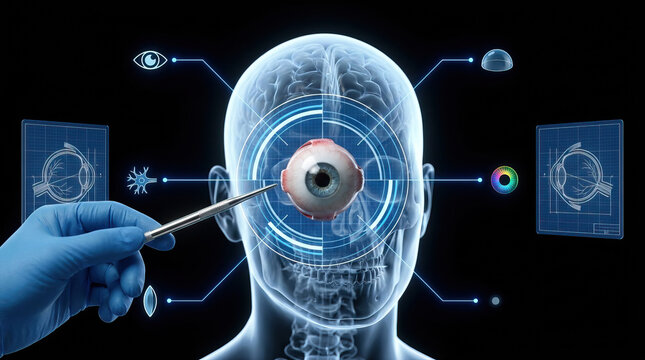 Transparent head medical brain eye surgery anatomy technology scan healthcare innovation, gloved hand hold forceps near eyeball transparent head with brain scan interface, futuristic ophthalmology