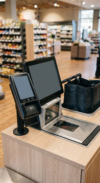 Vertical checkout counter with two angled touchscreens, contactless reader and built-in scanner in a softly lit grocery store