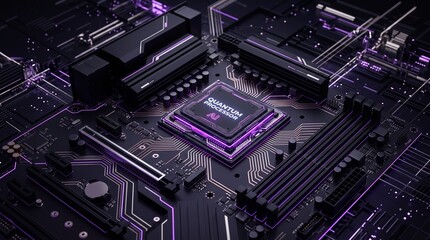 Fototapeta premium Conceptual 3D illustration of a quantum computing core integrated into an advanced AI motherboard, showing multi‑layer circuits
