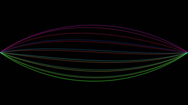 Abstract rainbow spectrum lines forming flowing interference wave patterns on black background