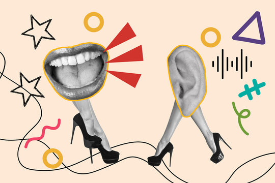 Collage de unas piernas de mujer con una boca abierta gritando y una oreja escuchando junto a elementos geometricos sobre un fondo beige claro. Vista de frente y de cerca. Copy space