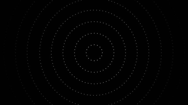 Abstract white pixelated concentric circles expanding on a black background
