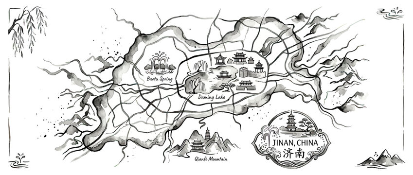 Artistic Hand Drawn City Map of Jinan