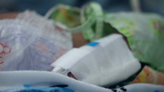 Pediatric patient's hand with an IV line secured beneath medical gauze during hospitalization, representing inpatient care, intravenous treatment, nursing and child healthcare.