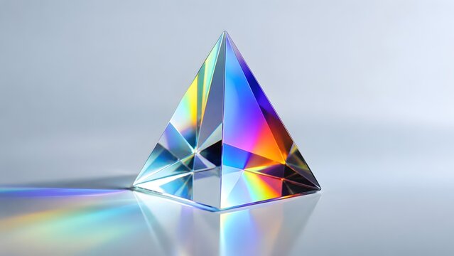 Glass triangular prism refracting light into a colorful rainbow spectrum on a clean background