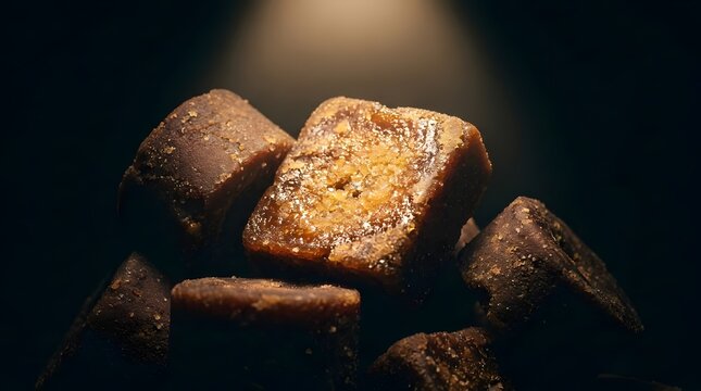 Dark brown jaggery cubes piled together under soft spotlight on black background