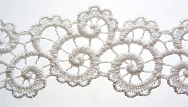 white lace, crochet trim, floral pattern, ribbon border, delicate embroidery, textile design, spiral floral pattern isolated on white background